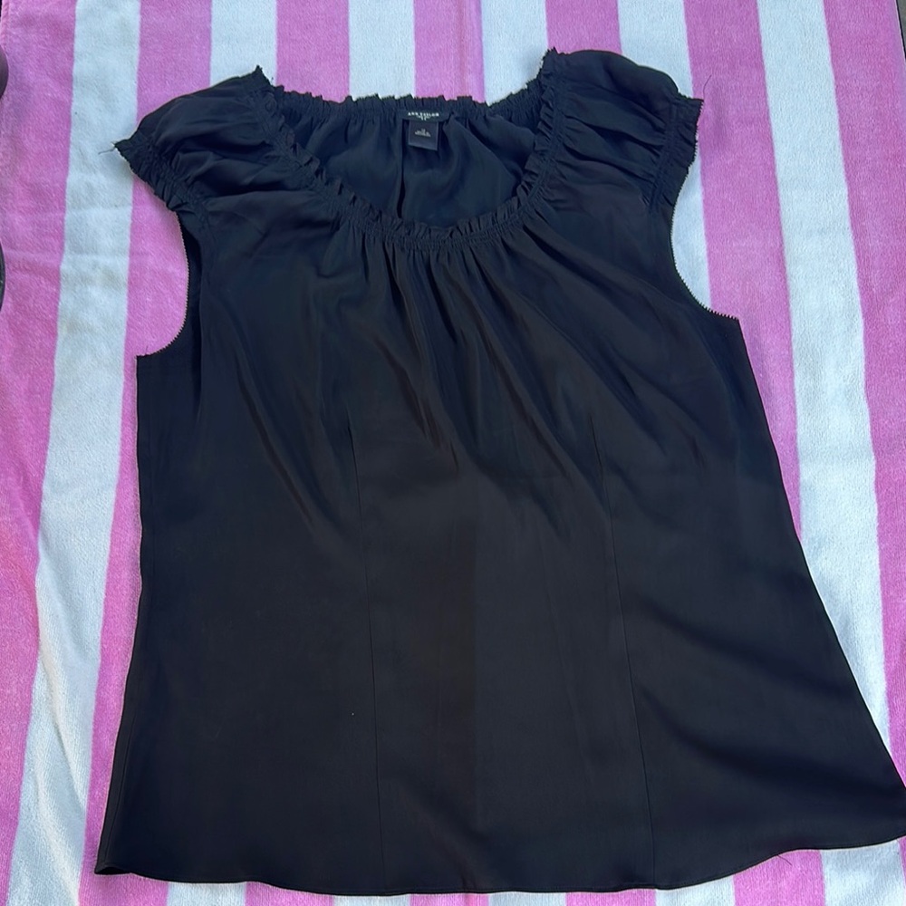 Ann Taylor Black Ruched Cap Sleeve Blouse